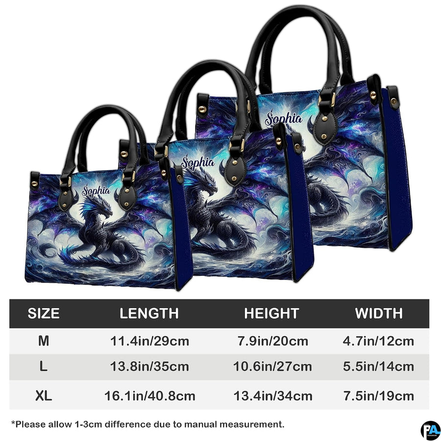 Measurement guide illustration presenting dimensional proportions for three handbag choices.