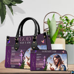 Christian Jesus handbag and wallet displayed on wooden table beside potted plant.