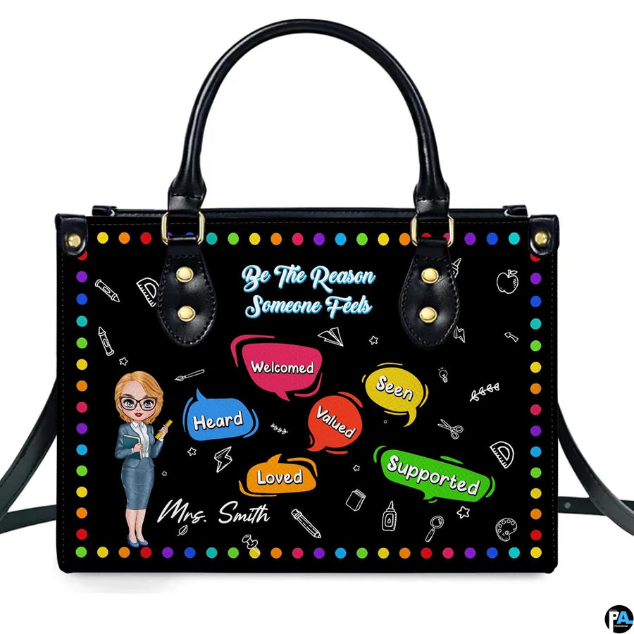 Teacher appreciation quote art featuring blonde educator illustration, rainbow polka dots, and speech bubble motifs.