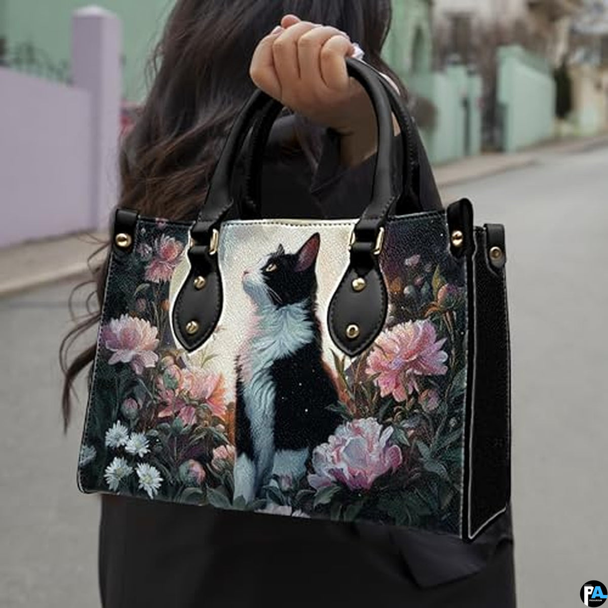 Black Cat Leather Bag – Vintage Cat Art Handbag, Stylish Animal-Themed Purse, Unique Gift for Cat Lovers