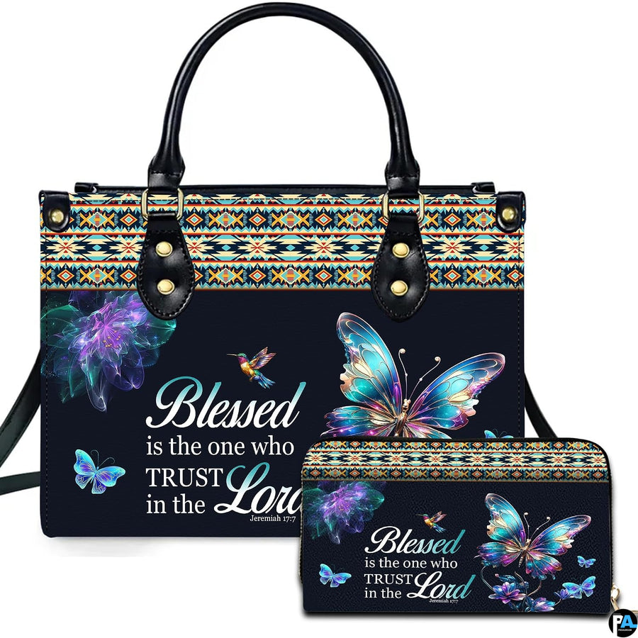 Front view of southwestern butterfly handbag and matching wallet with colorful tribal border and hummingbird.