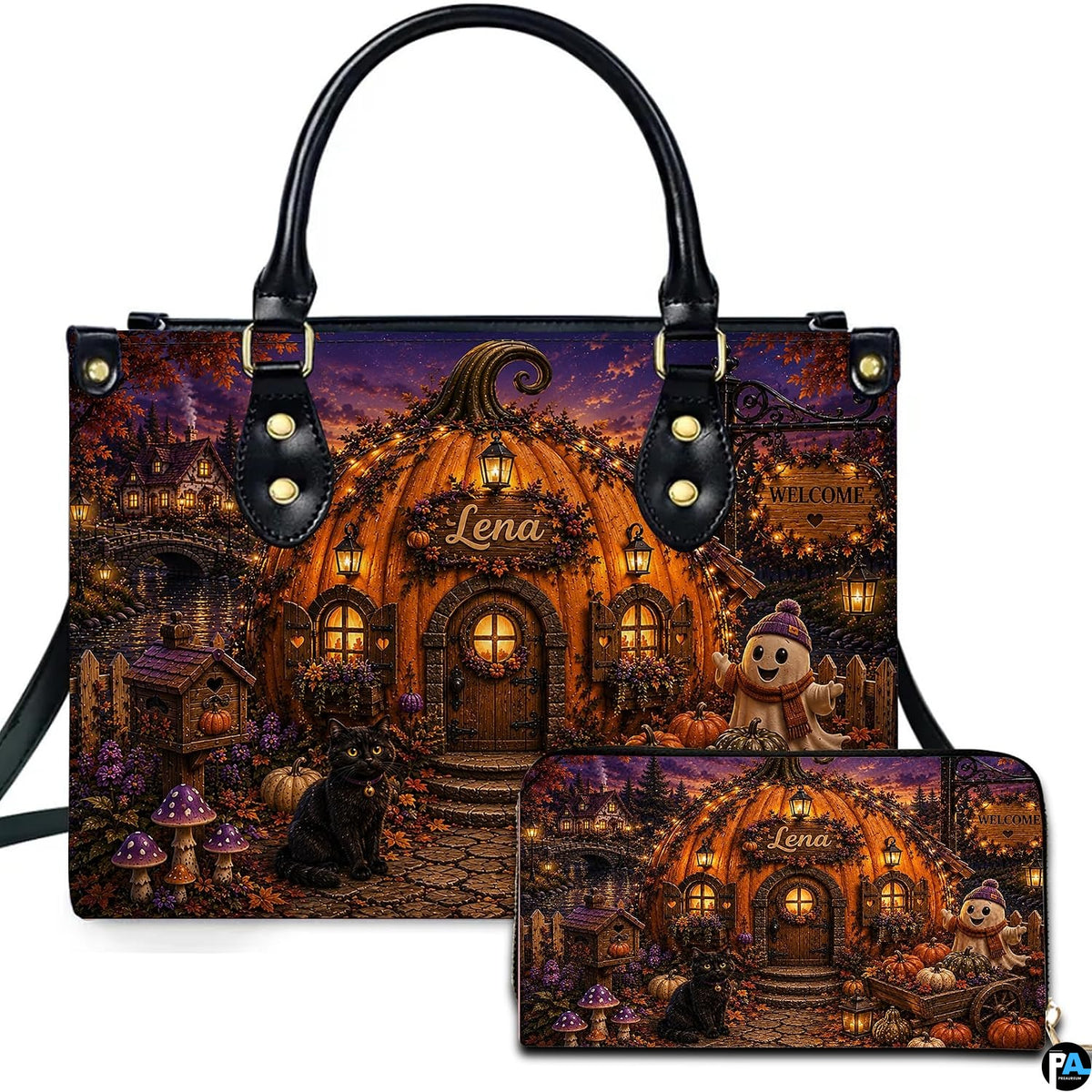 Pumpkin house art featuring a fairy cottage, beanie ghost, and feline presented across an accessory pairing.