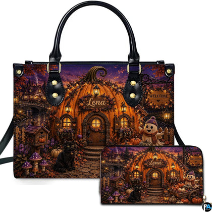 Pumpkin house art featuring a fairy cottage, beanie ghost, and feline presented across an accessory pairing.