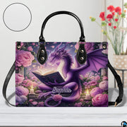 Floral dragon handbag beside floral vase with circular texture detail showing surface grain.