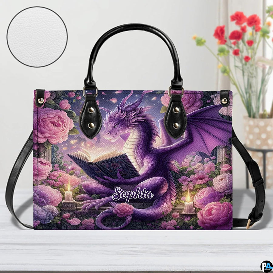 Floral dragon handbag beside floral vase with circular texture detail showing surface grain.