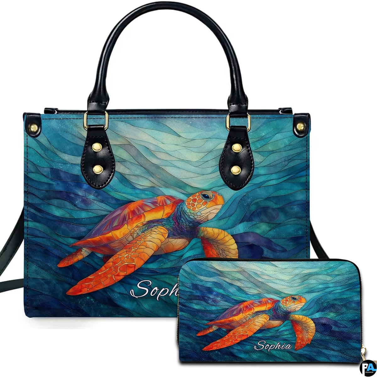 Mosaic orange sea turtle handbag and matching wallet set featuring swirling ocean waves.