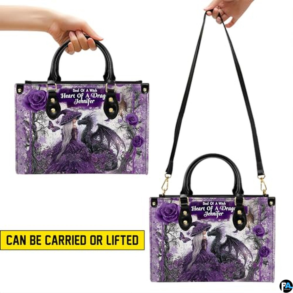 Personalized Purple Witch and Dragon Art Handbag