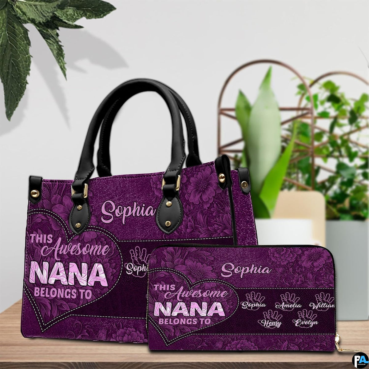 Side profile view of structured purple handbag showing sleek silhouette and black carrying handles.