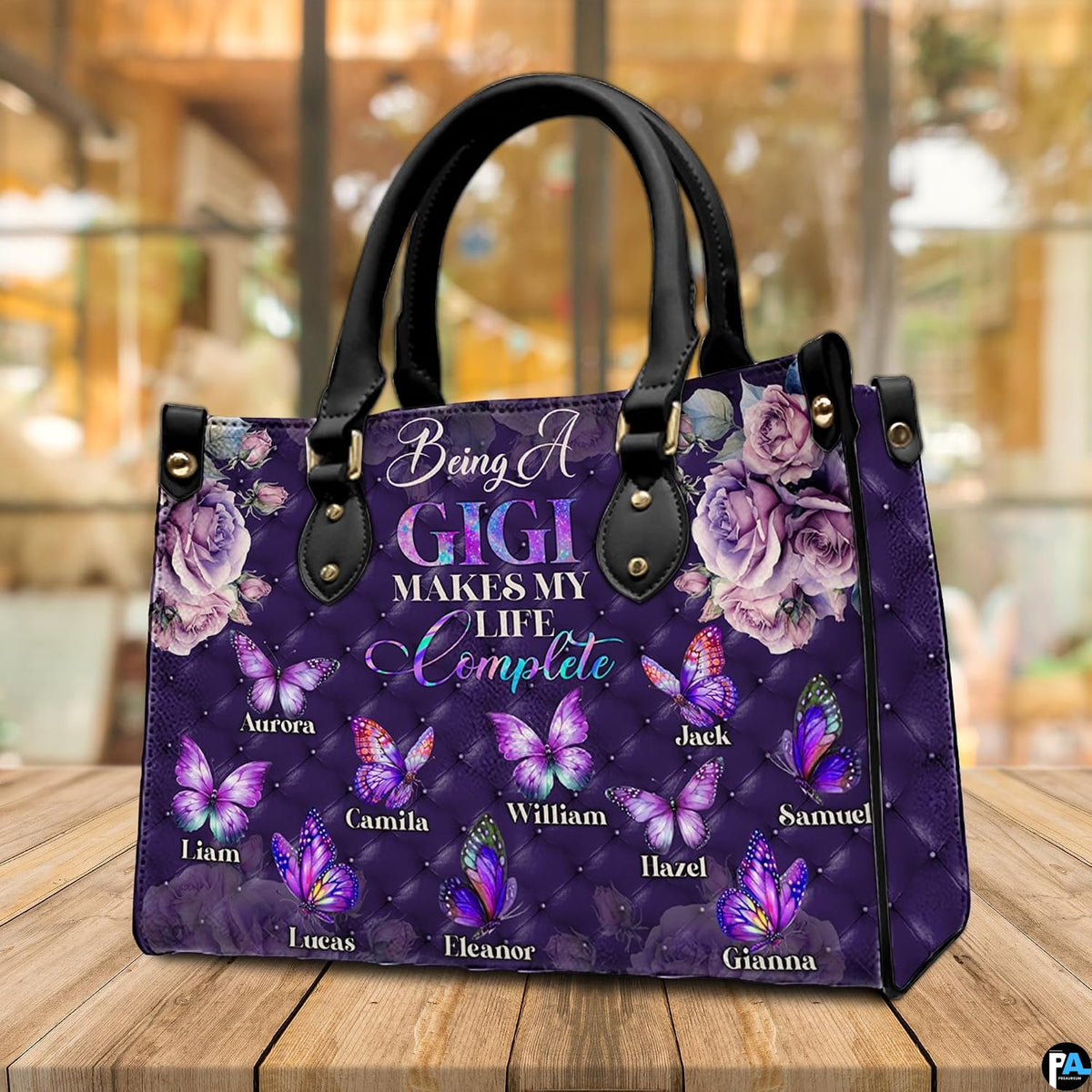 Matching zip wallet featuring coordinated purple diamond texture, roses, and fluttering butterflies.