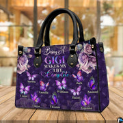 Matching zip wallet featuring coordinated purple diamond texture, roses, and fluttering butterflies.