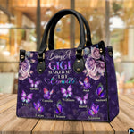 Matching zip wallet featuring coordinated purple diamond texture, roses, and fluttering butterflies.