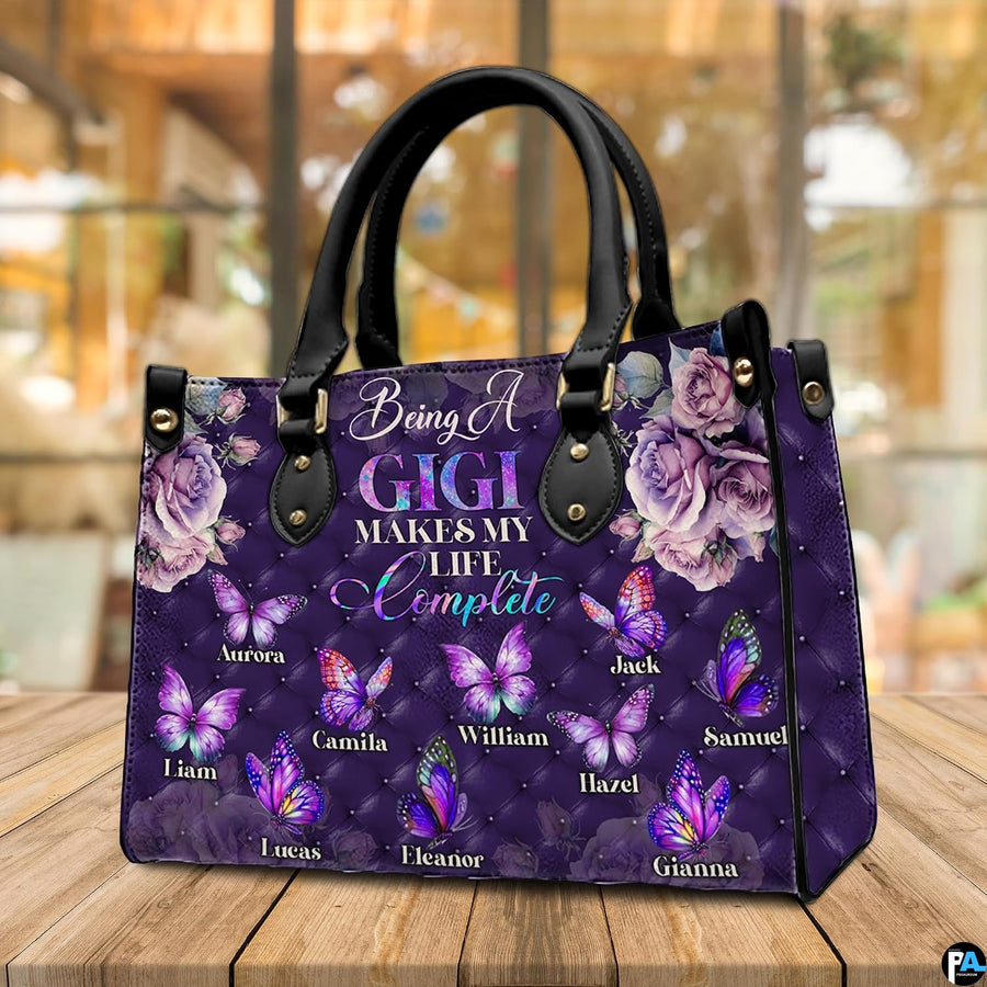 Matching zip wallet featuring coordinated purple diamond texture, roses, and fluttering butterflies.