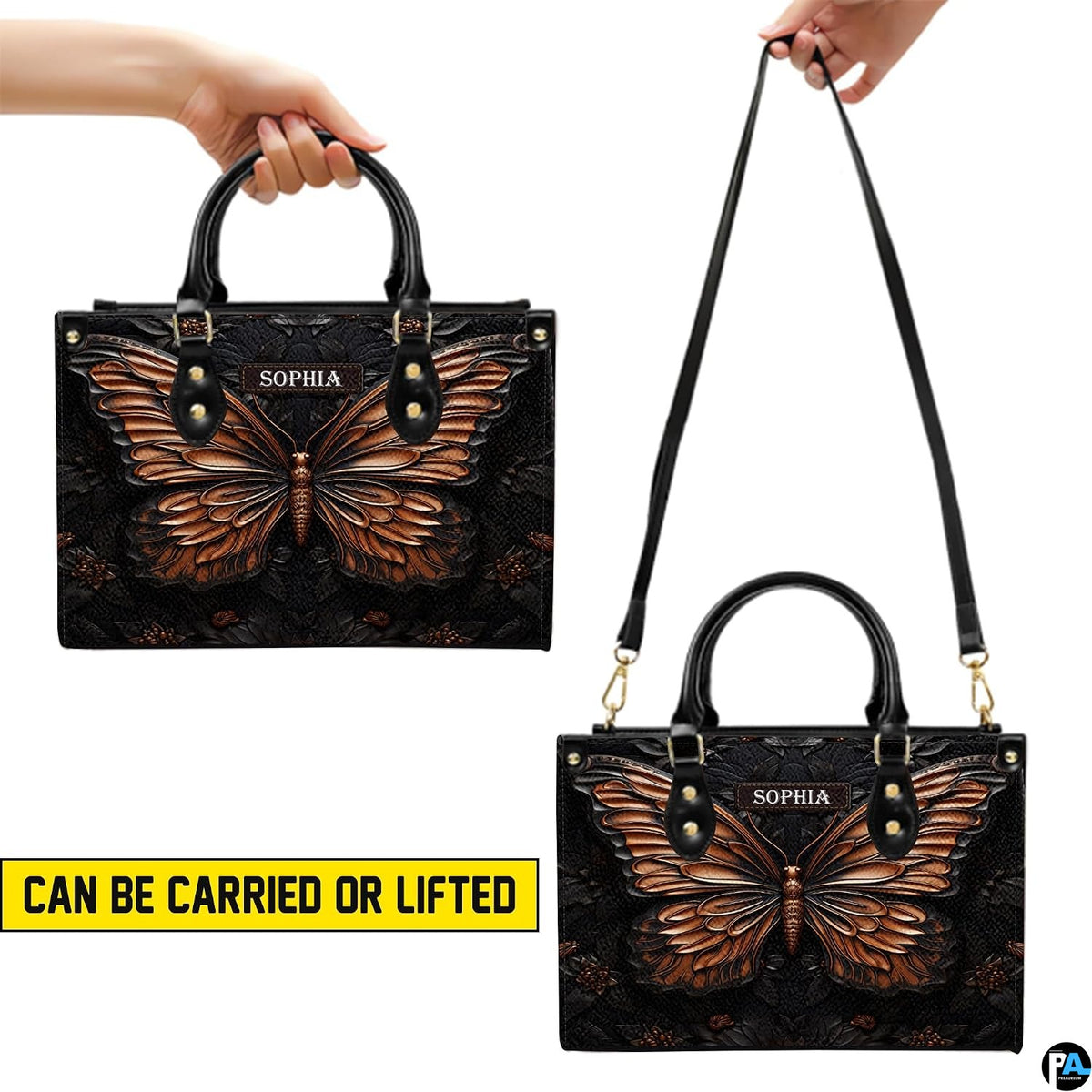Dimension measurement chart showing medium, large, and extra-large options for the copper butterfly handbag.