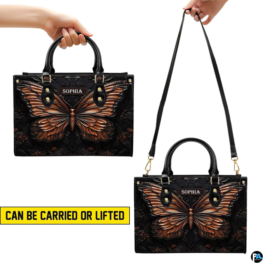 Dimension measurement chart showing medium, large, and extra-large options for the copper butterfly handbag.