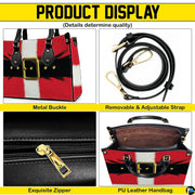 Product diagram showing metal buckle hardware, detachable strap, top zipper closure, and interior compartment.