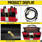Product diagram showing metal buckle hardware, detachable strap, top zipper closure, and interior compartment.