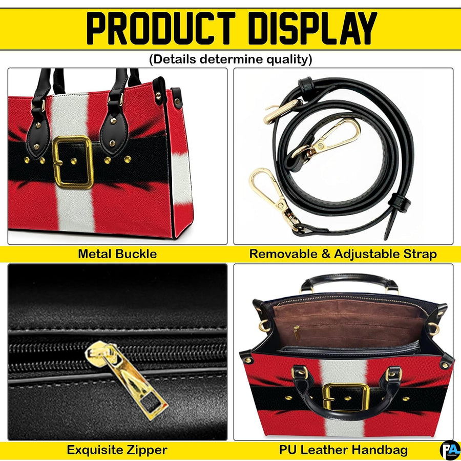 Product diagram showing metal buckle hardware, detachable strap, top zipper closure, and interior compartment.