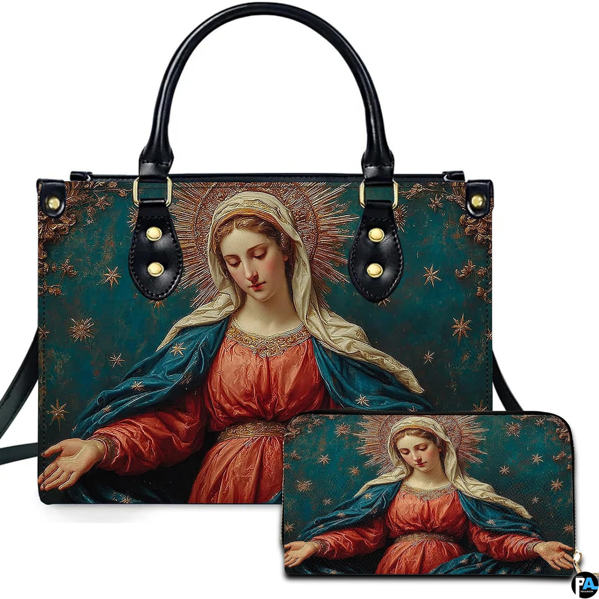Celestial Madonna handbag and matching wallet featuring classical portrait on teal starry background