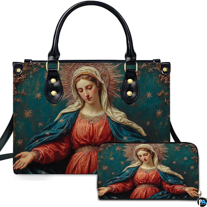 Celestial Madonna handbag and matching wallet featuring classical portrait on teal starry background