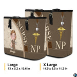 Size reference chart illustrating dimensions and proportions for the Mocha Clinician Tote Handbag.