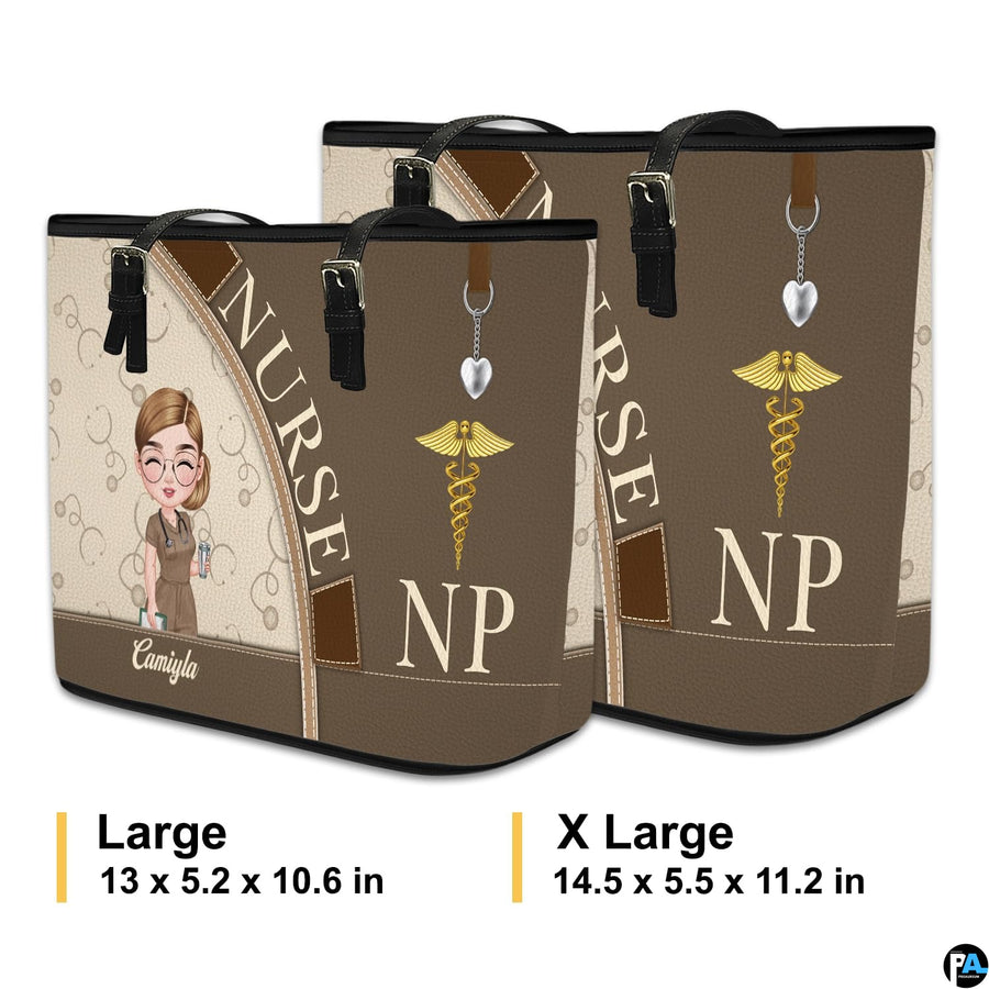 Size reference chart illustrating dimensions and proportions for the Mocha Clinician Tote Handbag.