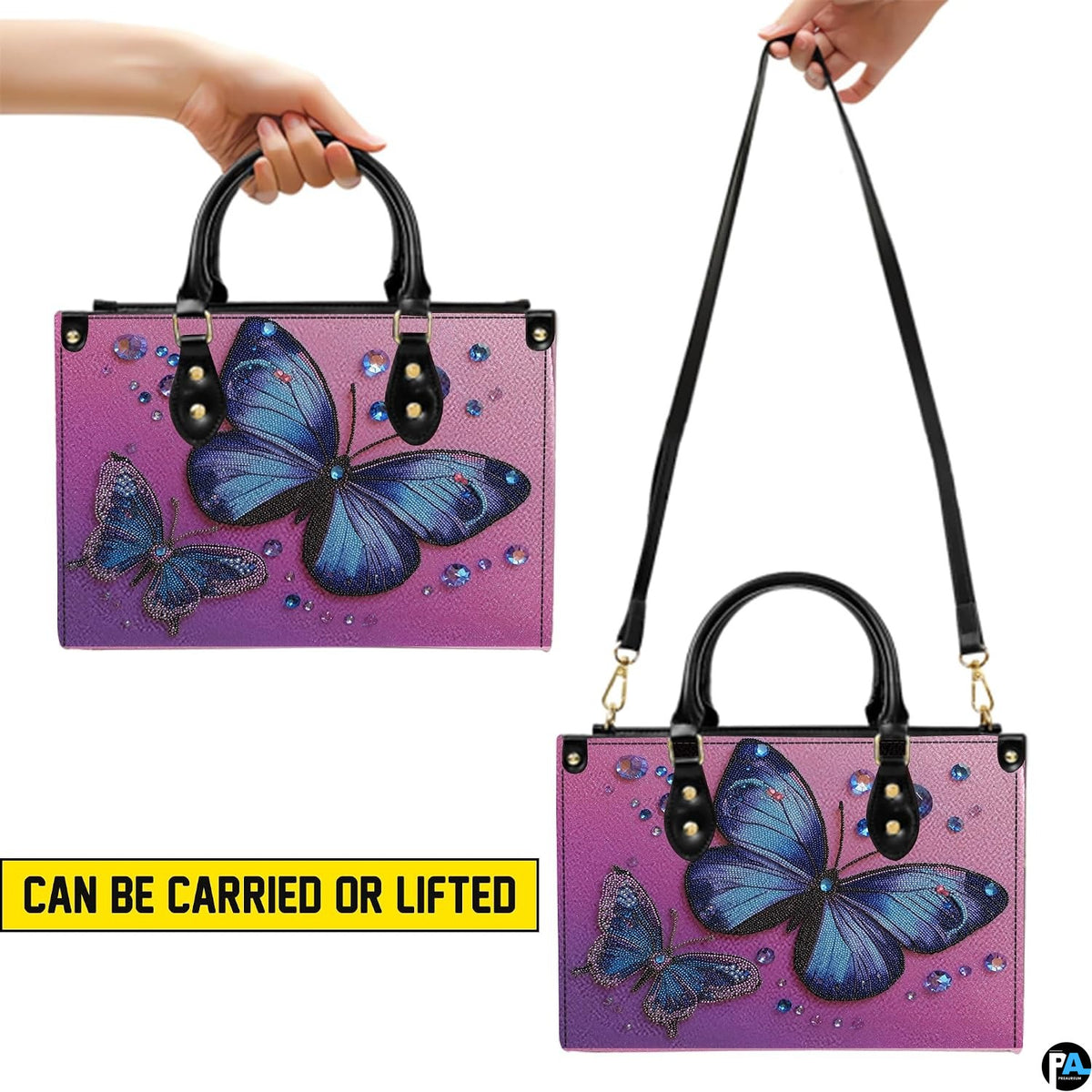 Matching butterfly wallet lying flat displaying the coordinating royal blue butterfly motif.