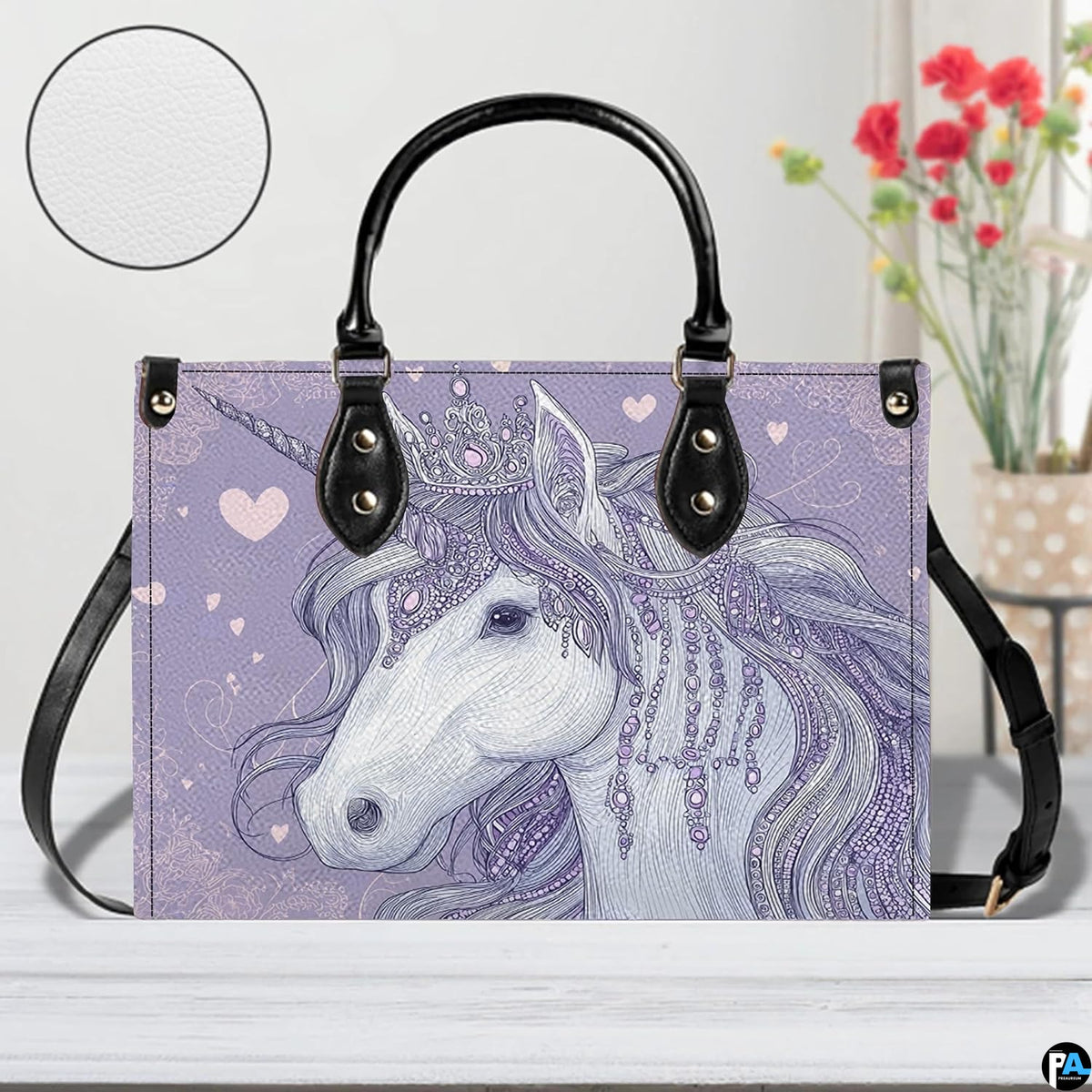 Interior compartment view of unicorn handbag showing inner lining and organization.