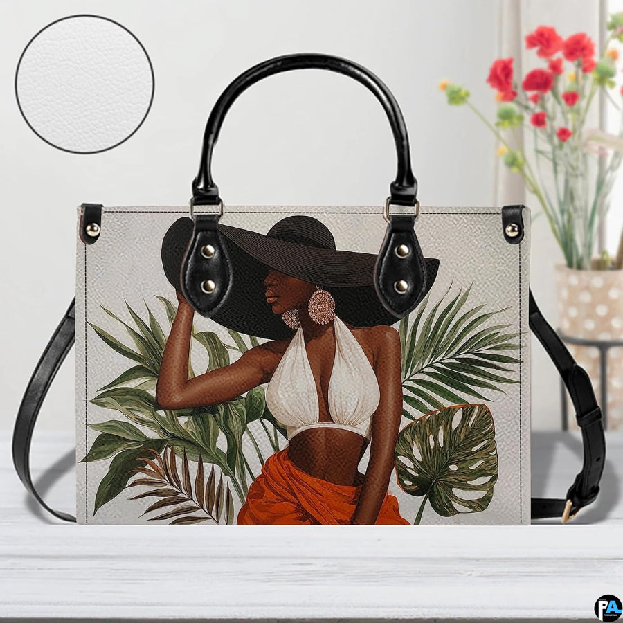 Frontal studio display on light wooden planks featuring the tropical woman artwork beside a floral vase.