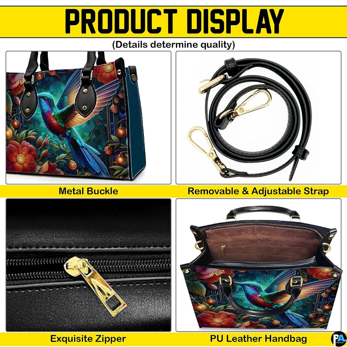 Close perspective of glowing turquoise hummingbird feathers and crimson flower petals on handbag.