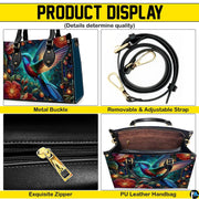 Close perspective of glowing turquoise hummingbird feathers and crimson flower petals on handbag.