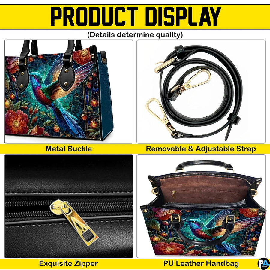 Close perspective of glowing turquoise hummingbird feathers and crimson flower petals on handbag.