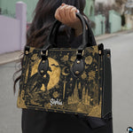 Celestial golden dragon handbag carried outdoors along residential street.