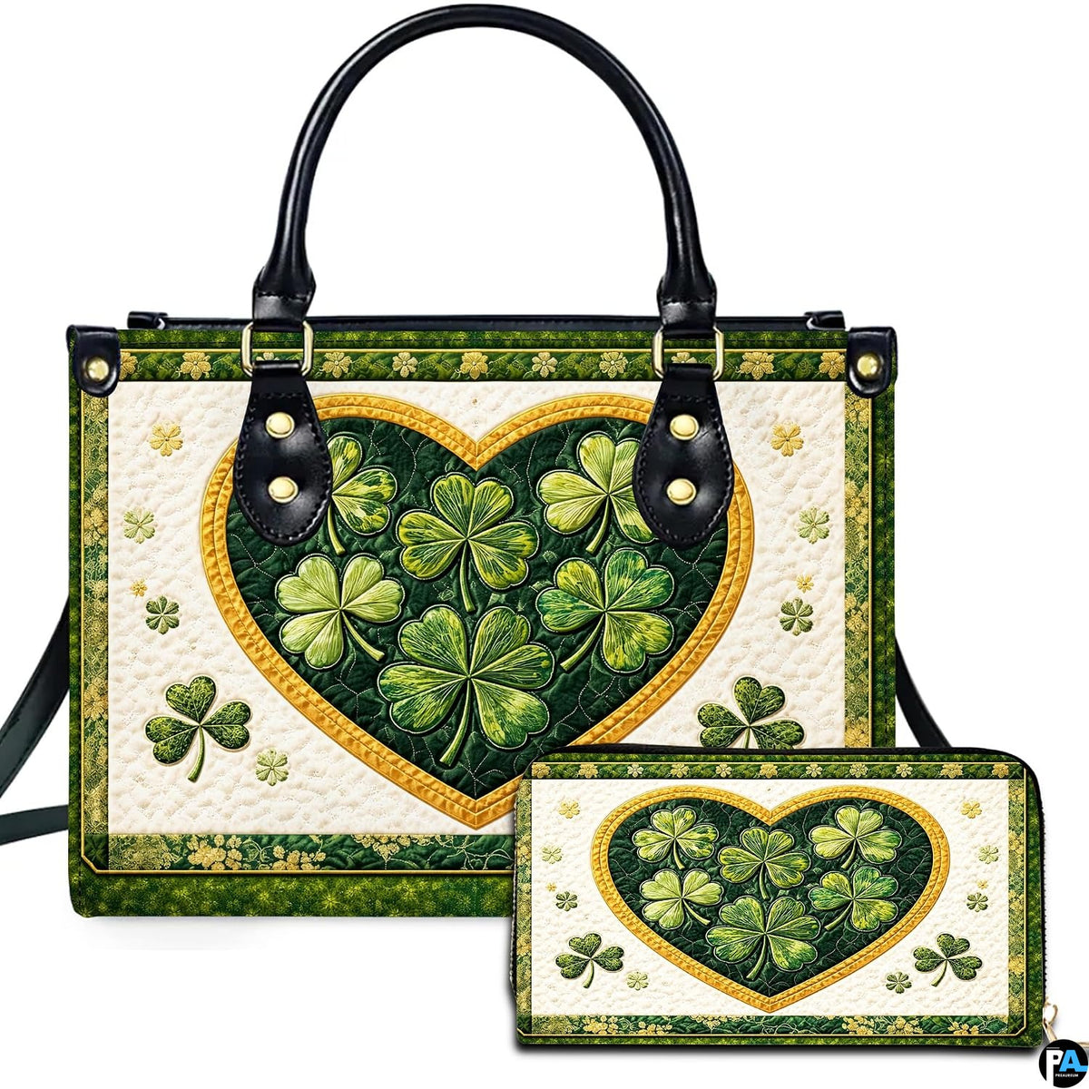 Clover heart handbag and matching wallet with green and gold botanical artwork