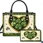 Clover heart handbag and matching wallet with green and gold botanical artwork