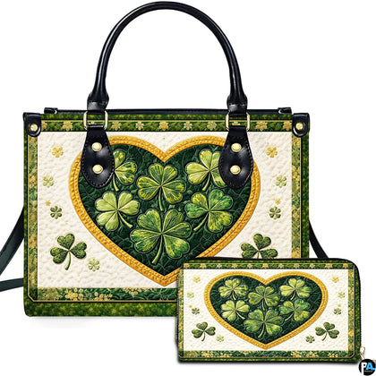 Clover heart handbag and matching wallet with green and gold botanical artwork
