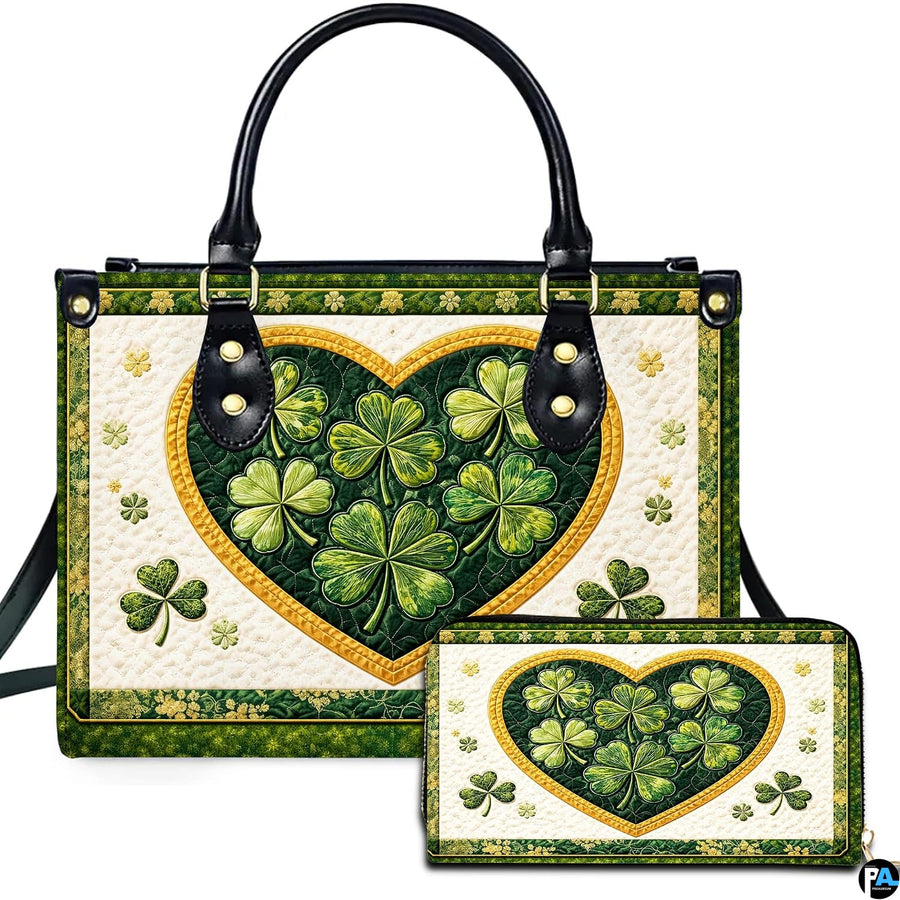 Clover heart handbag and matching wallet with green and gold botanical artwork