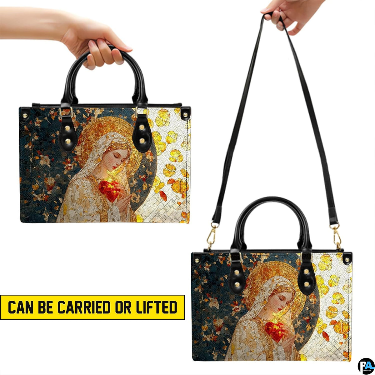 Carrying options for stained glass mosaic Virgin Mary handbag with handles and shoulder strap.