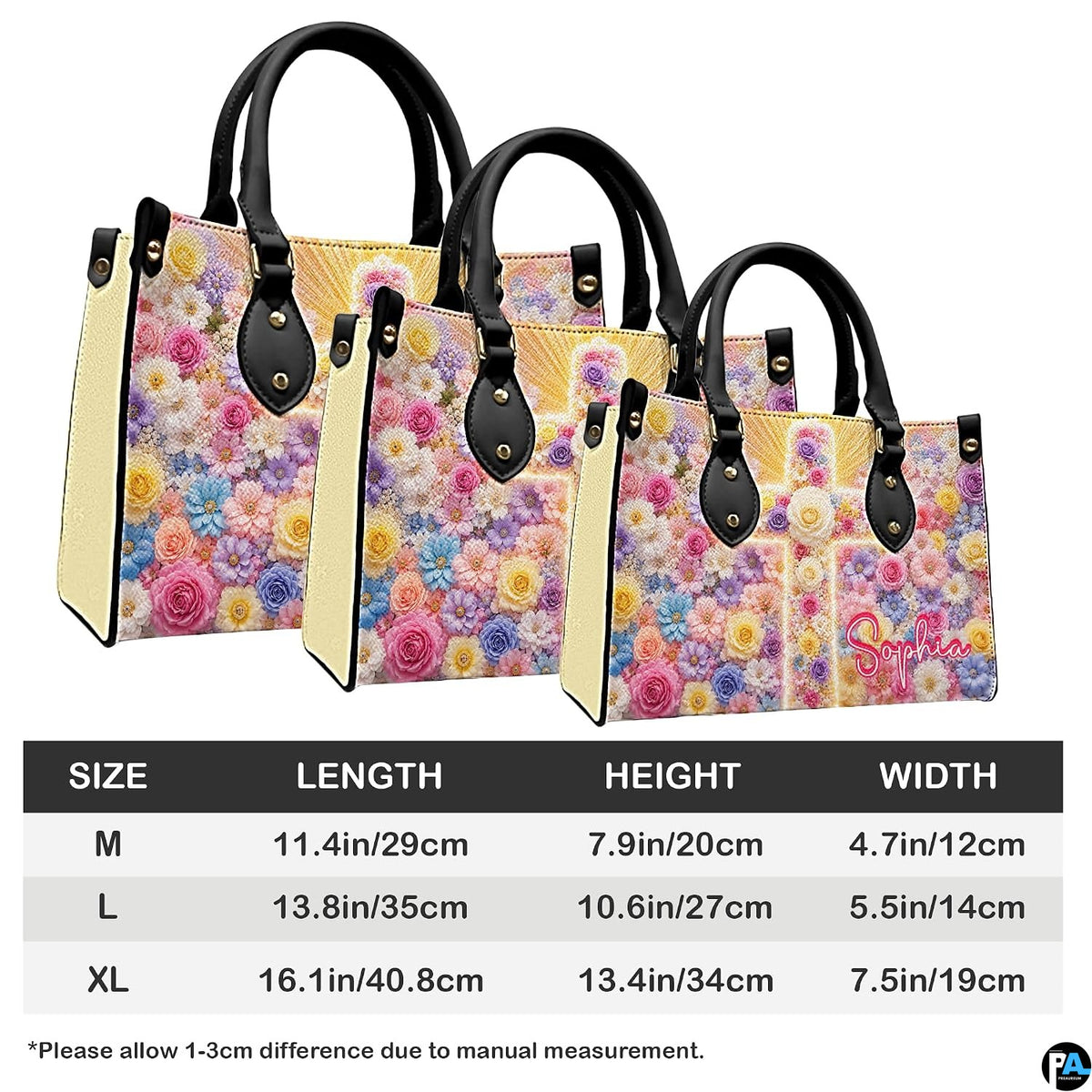 Measurement guide illustration presenting dimensional proportions for three handbag choices.