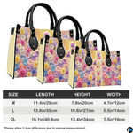 Measurement guide illustration presenting dimensional proportions for three handbag choices.