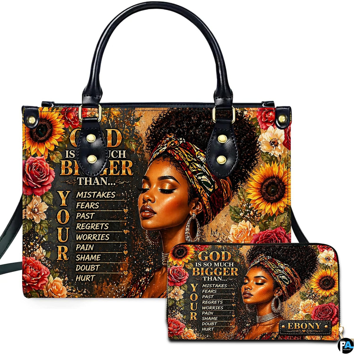 Front studio showcase presenting the sunflower afro woman motif and coordinating accessory on white ground.
