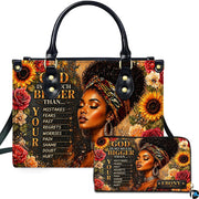 Front studio showcase presenting the sunflower afro woman motif and coordinating accessory on white ground.