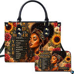 Front studio showcase presenting the sunflower afro woman motif and coordinating accessory on white ground.