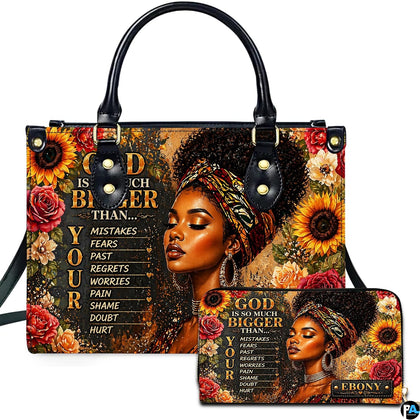Front studio showcase presenting the sunflower afro woman motif and coordinating accessory on white ground.