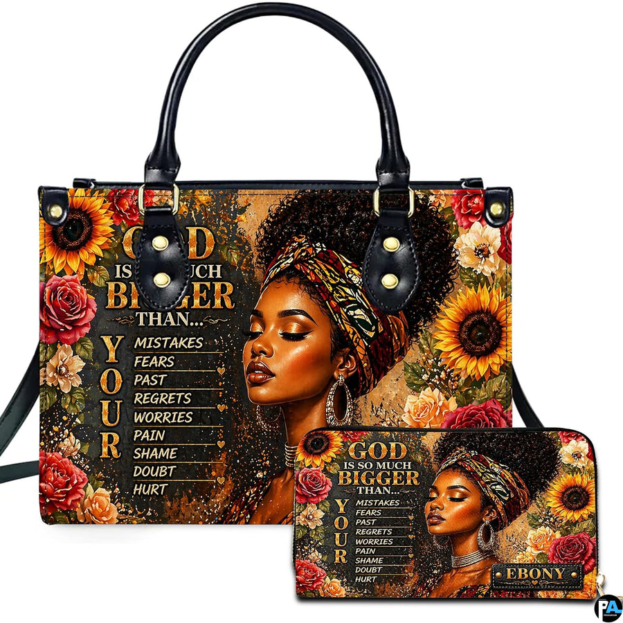 Front studio showcase presenting the sunflower afro woman motif and coordinating accessory on white ground.