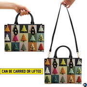 Dual lifestyle view demonstrating carrying presentation of geometric tree artwork.