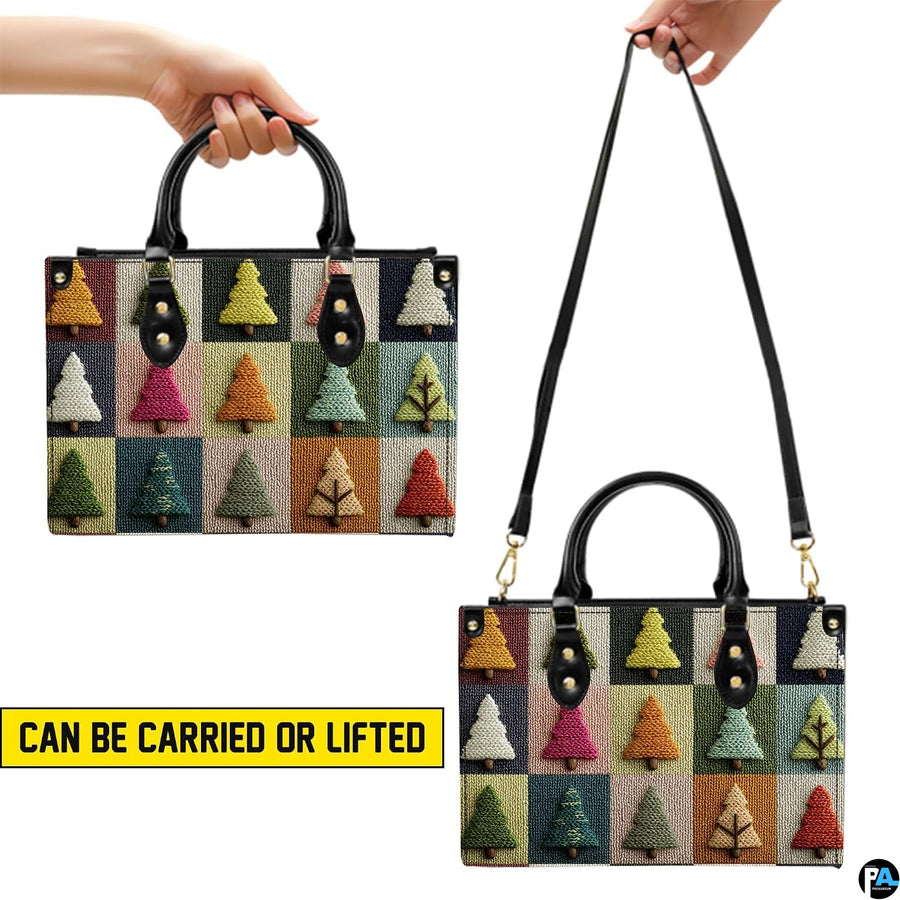 Dual lifestyle view demonstrating carrying presentation of geometric tree artwork.