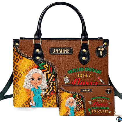 Chibi nurse cheetah print handbag and matching wallet set displayed upright on white background.