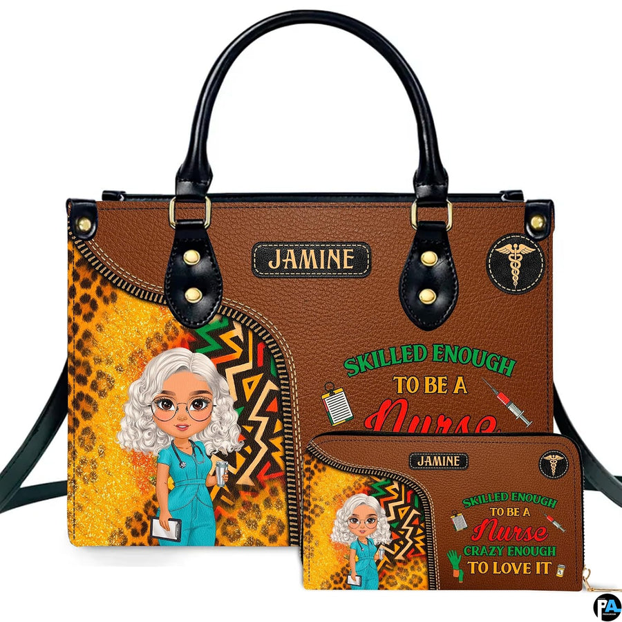 Chibi nurse cheetah print handbag and matching wallet set displayed upright on white background.