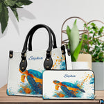 Lifestyle model display showing the splatter turtle handbag carried over the shoulder.
