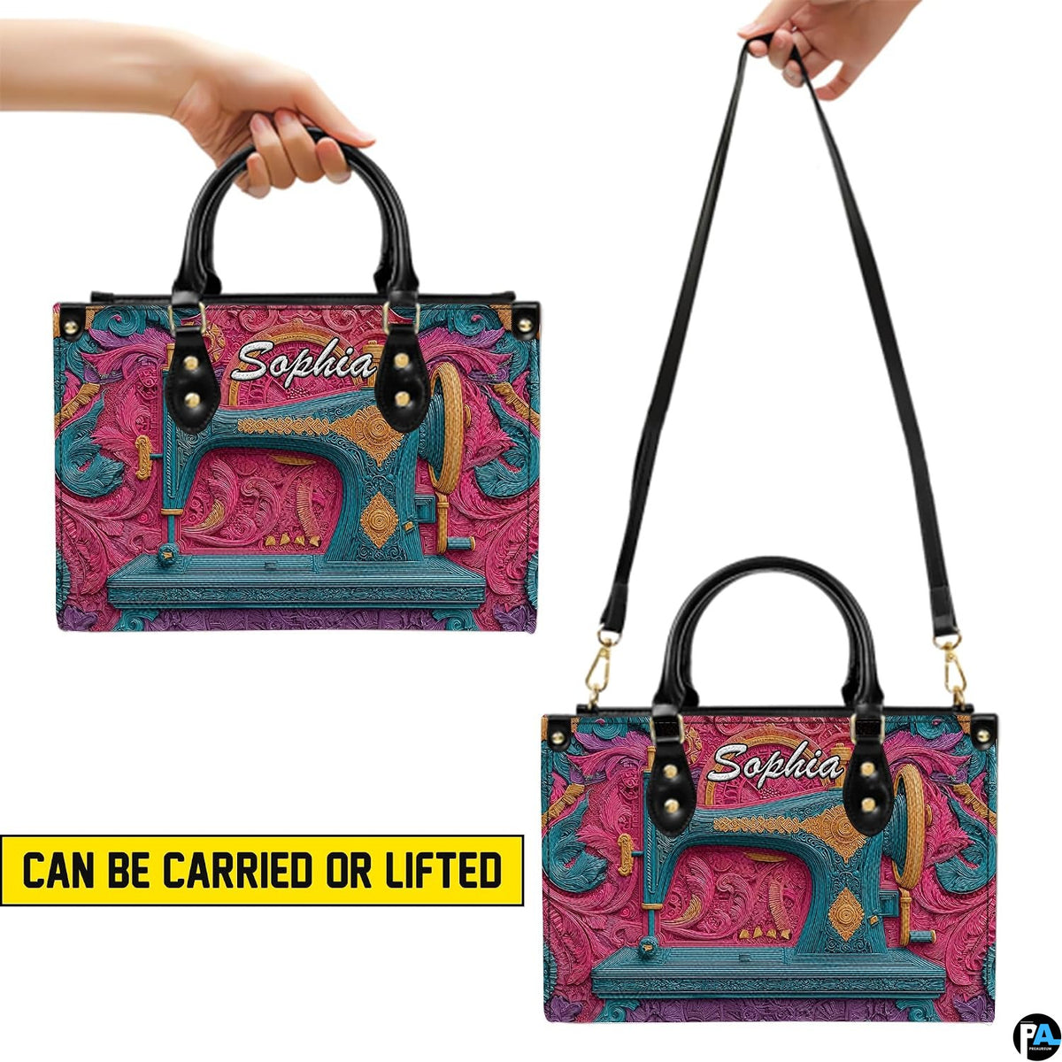 Visual graphic demonstrating dual elevated carrying positions for the vintage sewing machine art.